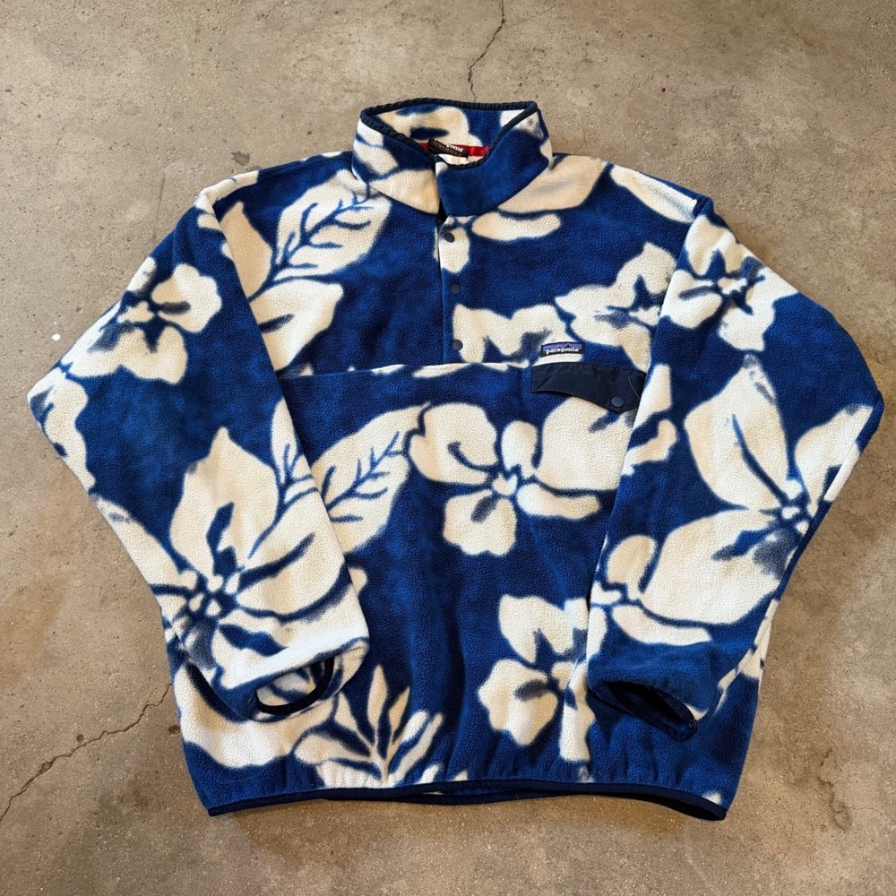 Patagonia Synchilla Snap-T Pullover Men XXL Blue White Floral Fleece 25580 SP15